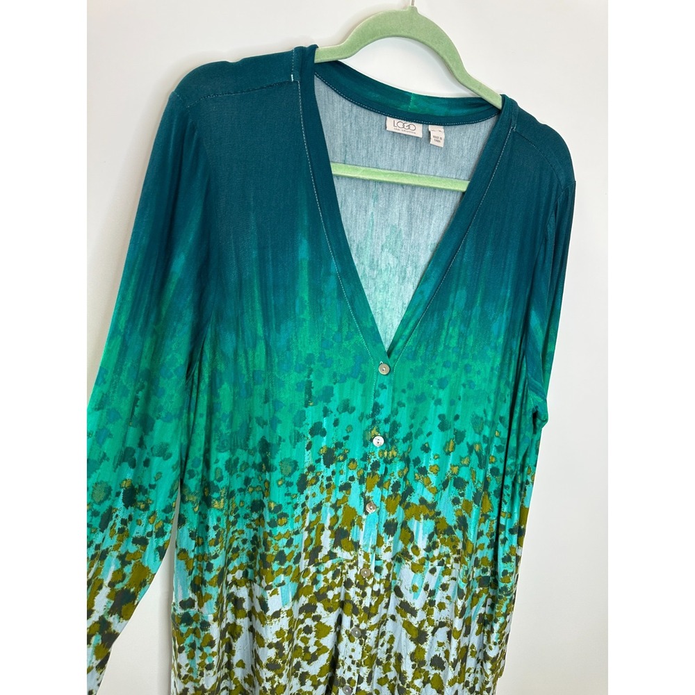 LOGO Lori Goldstein Teal Green Ombre Splatter Print Button Front Tunic Cardi XL - Picture 4 of 10